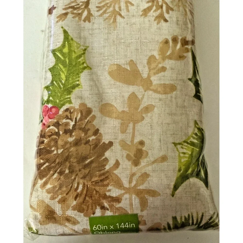 Christmas Rustic Season Fabric Tablecloth 60x144 Oblong Holiday Pinecones Holly